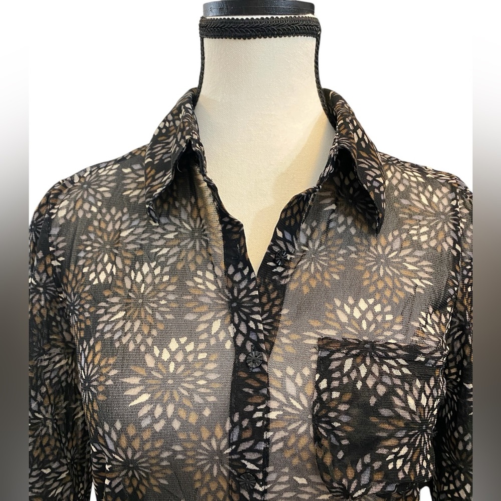 Mexx Sheer Mesh Floral Button-Up Top black, brown & tan Size M EUC whimsigoth - Picture 4 of 10